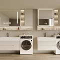 Modern Bathroom Vanity Cabinet With Symmetrical Design Mirrors Wall Niches Countertops Toiletries And Washing Machines