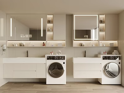Modern Bathroom Vanity Cabinet With Symmetrical Design Mirrors Wall Niches Countertops Toiletries And Washing Machines 3d model