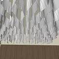Modern Ceiling Drapery With Geometric White Design And Wooden Wall Near Window With Blinds