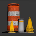 Traffic Safety Equipment Display With Red White Striped Barrier Yellow Cones And Silver Bollard