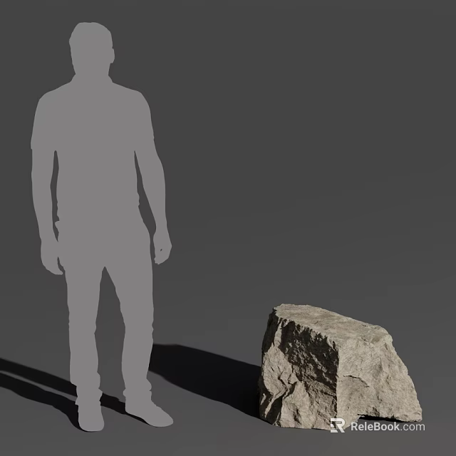 Grey Silhouette Human Figure Standing Next To Textured Rock In Minimalist Background 3d model 