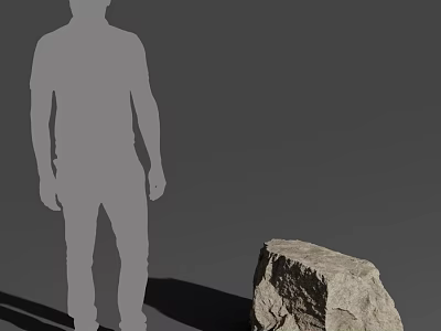 Grey Silhouette Human Figure Standing Next To Textured Rock In Minimalist Background 3d model