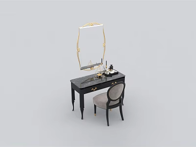 Elegant Dark Colored Dressing Table With Gold Framed Mirror And Makeup Accessories 3d model