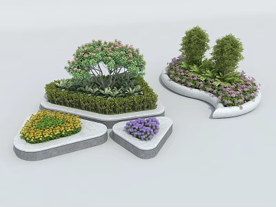 Arbor Trees In Stone Flower Beds With Colorful Yellow And Purple Flowers 3d model