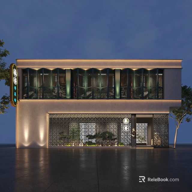 Modern Storefront Design With Large Glass Windows Decorative Grille Warm Lighting And Green Plants 3d model 
