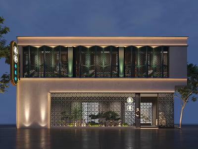 Modern Storefront Design With Large Glass Windows Decorative Grille Warm Lighting And Green Plants 3d model