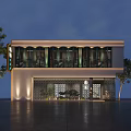 Modern Storefront Design With Large Glass Windows Decorative Grille Warm Lighting And Green Plants