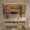Modern Bathroom Vanity With Double Sink Wooden Cabinet And Mirror Shelves