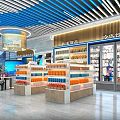 Modern Store Interior Design With Blue White Striped Ceiling Shelves And Product Displays