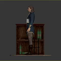 Vintage Wooden Cabinet With Figure In Blue Coat And Stool On Circular Base