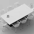 Modern Conference Table With White Marble Top And Eight White Mesh Metal Chairs