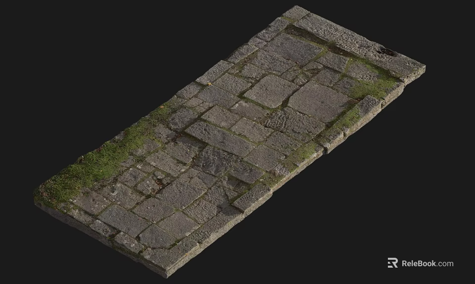 Natural Rustic Stone Wooden Floor With Slabs Gaps And Green Mossy Grass 3d model 