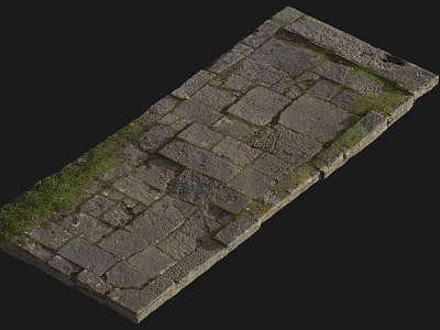 Natural Rustic Stone Wooden Floor With Slabs Gaps And Green Mossy Grass 3d model