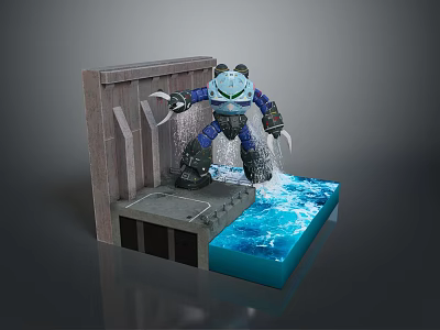 Game Movie Mechanical Character With Blue Claws Standing On Platform Near Water And Wooden Structure 3d model