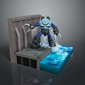 Game Movie Mechanical Character With Blue Claws Standing On Platform Near Water And Wooden Structure