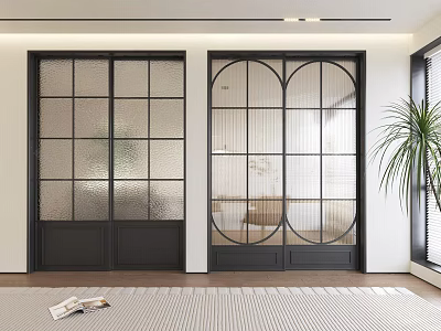 Modern Black Framed Sliding Doors With Square And Arched Grid Glass Interior Design 3d model