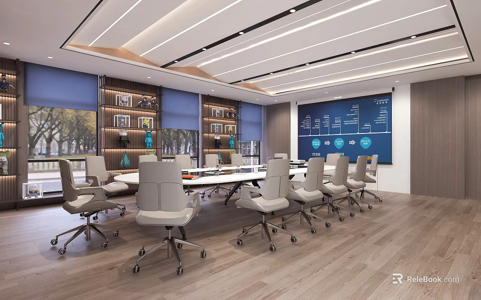 Modern Meeting Room Interior With Ergonomic Chairs Large Table Display Screen And Bookshelves 3d model 