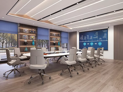 Modern Meeting Room Interior With Ergonomic Chairs Large Table Display Screen And Bookshelves 3d model