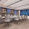 Modern Meeting Room Interior With Ergonomic Chairs Large Table Display Screen And Bookshelves