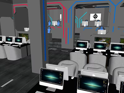 Modern Internet Cafe Interior With Multiple Computers And Comfortable Seats 3d model