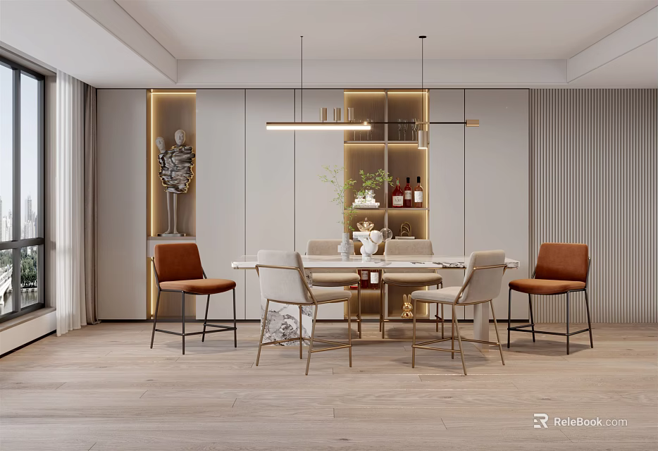 Elegant Modern Restaurant Interior With Wooden Dining Table Brown Chairs And Pendant Lights 3d model 