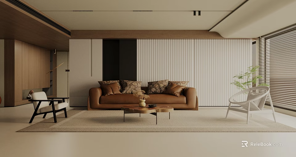 Modern Living Room Interior With Brown Sofa Coffee Table White Chair And Vertical Striped Wall 3d model 