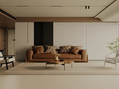 Modern Living Room Interior With Brown Sofa Coffee Table White Chair And Vertical Striped Wall 3d model