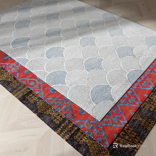 Stylish Square Rug With Gray White Circular Patterns And Red Blue Black Borders 3d model