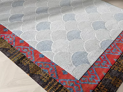 Stylish Square Rug With Gray White Circular Patterns And Red Blue Black Borders 3d model