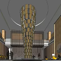 Modern Hotel Lobby Interior With Reception Desk Wooden Paneling Hanging Lights And Yellow Chair