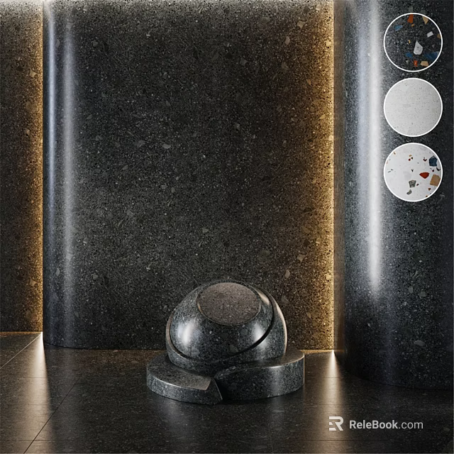 Black Marble Component with Sphere Base against Dark Columns and Circular Material Samples 3d model 