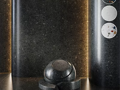 Black Marble Component with Sphere Base against Dark Columns and Circular Material Samples 3d model
