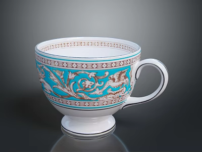 Elegant Porcelain Cup With Blue And White Floral Patterns And Decorative Rim 3d model
