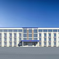 Modern Multi Story Office Building With White Exterior Blue Roof And Glass Windows