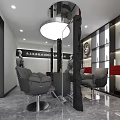 Modern Beauty Hair Salon Interior With Gray Leather Chairs Circular Mirror And Marble Flooring