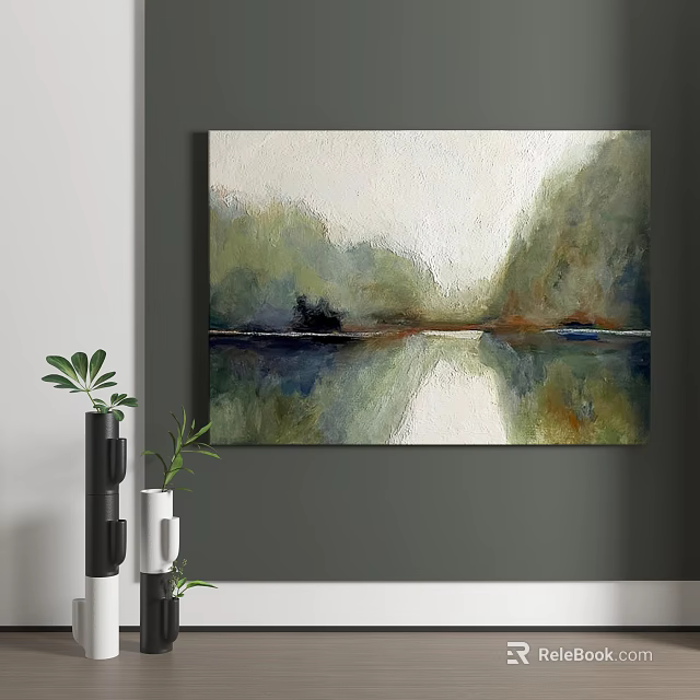 Abstract Painting With Soft Green Blue Tones And Mountain Reflection On Water Surface Wall Art 3d model 