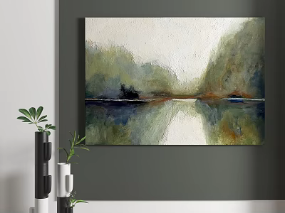 Abstract Painting With Soft Green Blue Tones And Mountain Reflection On Water Surface Wall Art 3d model