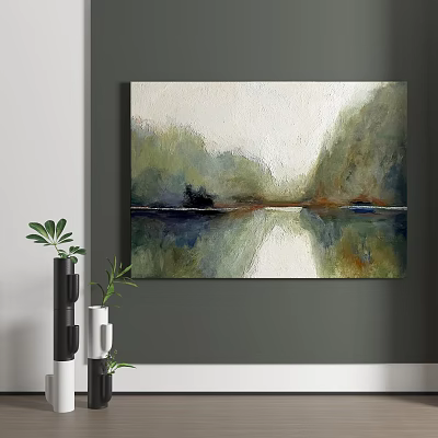 Abstract Painting With Soft Green Blue Tones And Mountain Reflection On Water Surface Wall Art 3d model