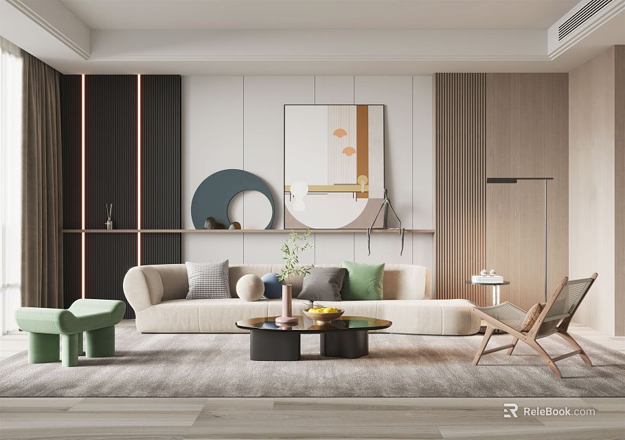 Modern Sofa and Coffee Table Set with Decorative Pillows Area Rug and Wall Art 3d model 