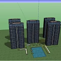 Modern High Rise Residential Buildings With Illuminated Lights And Water Pool Reflections