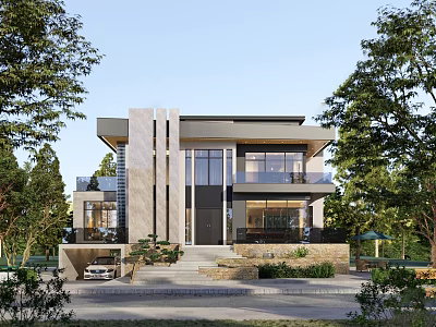 Modern Detached Villa Exterior Design With Large Windows Balcony And Garage Surrounded By Trees 3d model