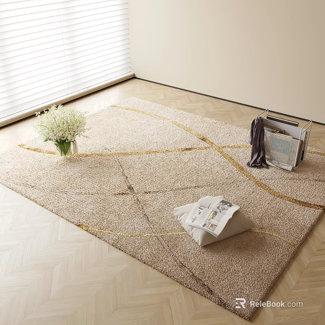 Beige Square Rug With Gold Lines On Wooden Floor White Flower Bouquet And Magazines 3d model 