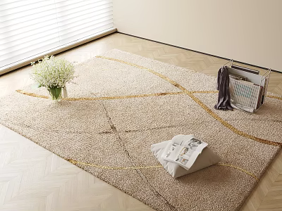 Beige Square Rug With Gold Lines On Wooden Floor White Flower Bouquet And Magazines 3d model