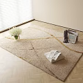 Beige Square Rug With Gold Lines On Wooden Floor White Flower Bouquet And Magazines