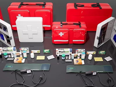Household First Aid Kits And Emergency Supplies With Medicines Bandages And Stethoscopes 3d model