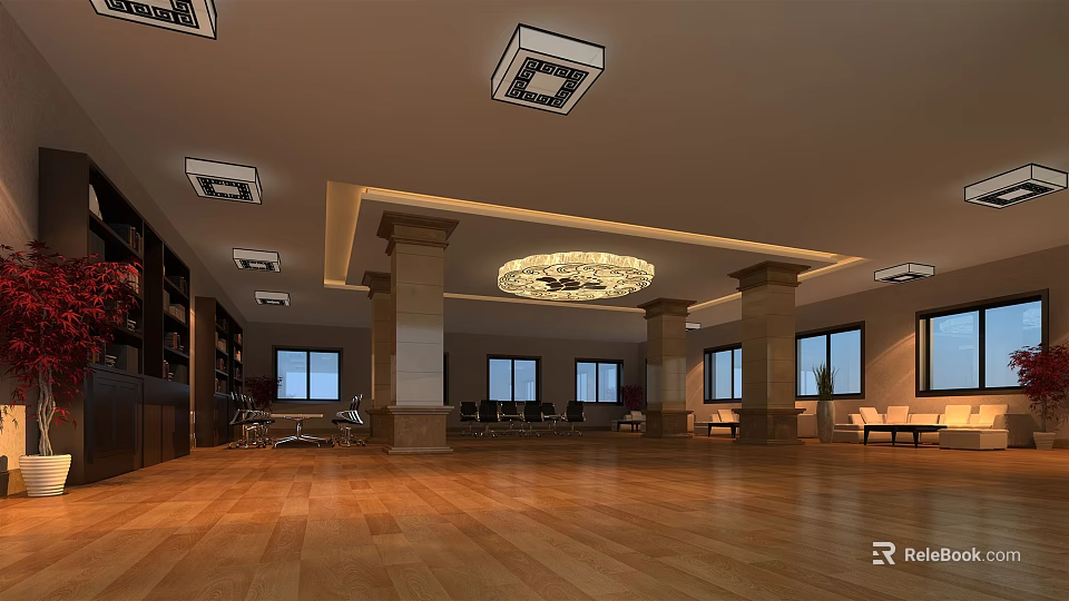 School Spacious Hall Interior With Wooden Flooring Decorative Chandelier Columns And Windows 3d model 