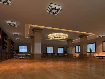 School Spacious Hall Interior With Wooden Flooring Decorative Chandelier Columns And Windows 3d model