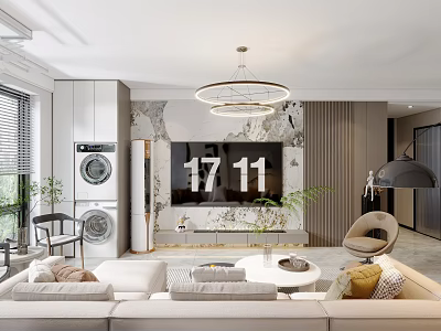 Modern Living Room Interior With Light-colored Sofa TV Wall Marble Texture Chandelier And Plants 3d model