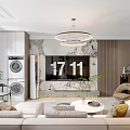 Modern Living Room Interior With Light-colored Sofa TV Wall Marble Texture Chandelier And Plants