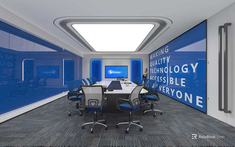 Modern Conference Room Interior Design With Large Screen Quality Technology And Blue Accents 3d model 